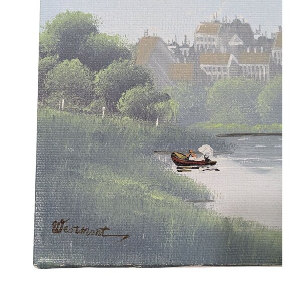 Signed Acrylic Canvas Painting River Salzburg Ladies in Boats unframed - Picture 3 of 11